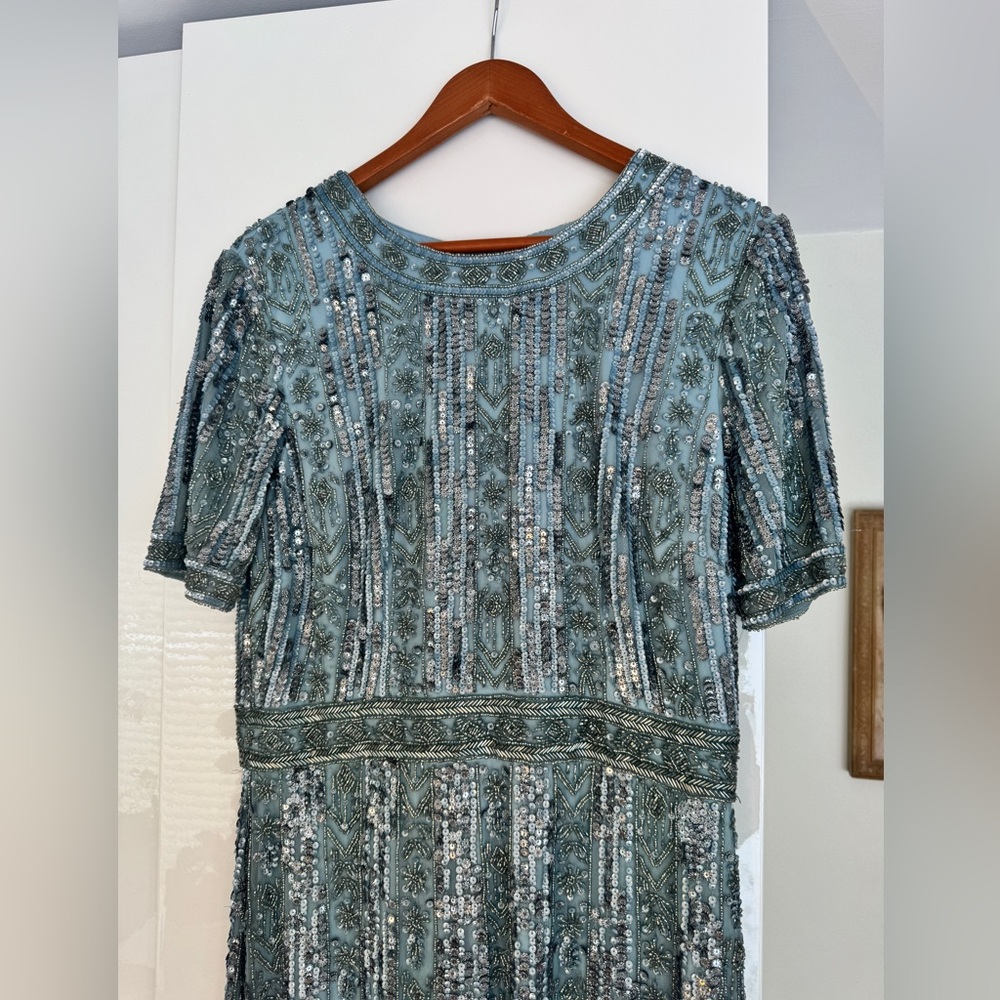 Mac Duggal - Blue High Neck Short Sleeve Crystal Fringe Column Dress